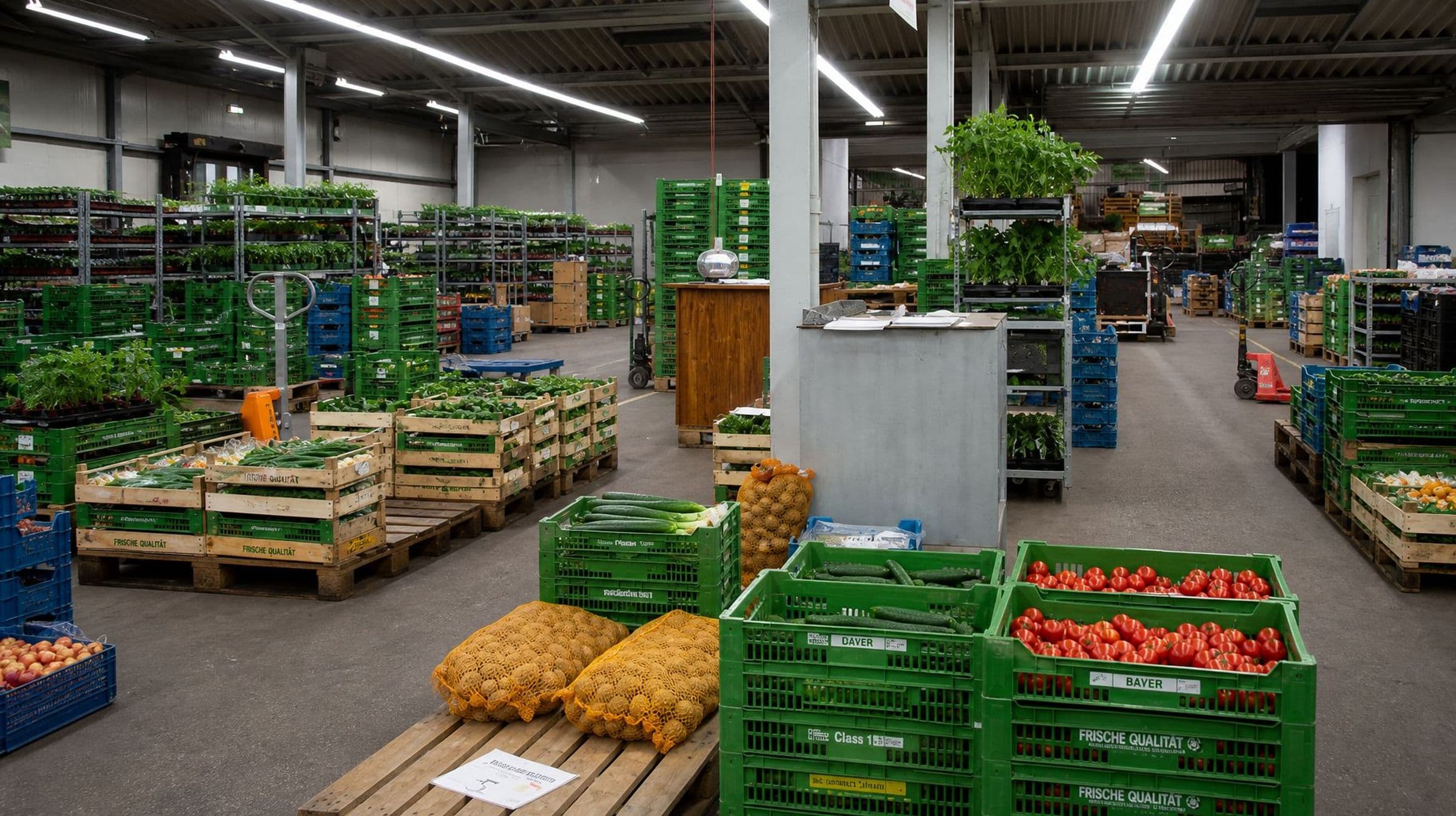 Foto: Frische Kisten — Tomaten, Erdbeeren, Salat