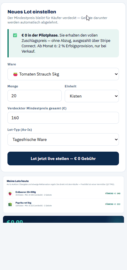 Bildschirmfoto: neues Lot einstellen